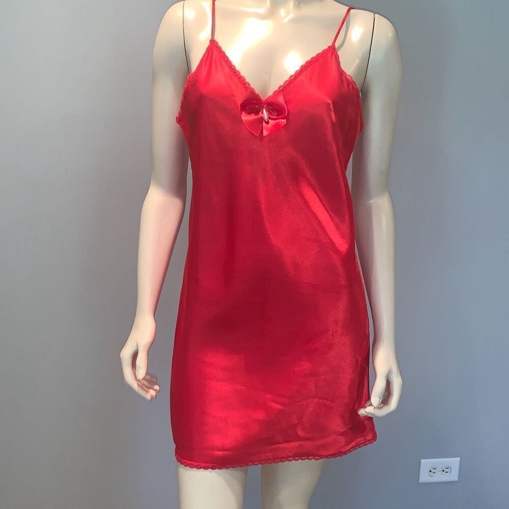 Vintage Lady Manhattan Red Satin Slip Dress with Bow Size Medium - Picture 10 of 13